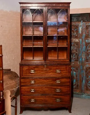 Antique Bureau Bookcase Regency Secretaire Glazed Mahogany Library Cabinet • £940