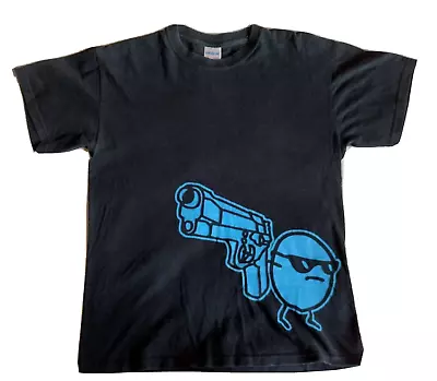 Gildan Men's Black T-Shirt Heavy Cotton 38  In Chest Blue Gun Gangster Graphic • £10.95