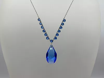 Vintage Jewellery Blue Glass Pendant & Open Bezel Claw Set Stone Chain Necklace • £24