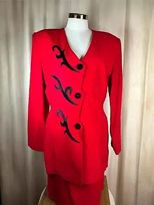 Womens Vintage 1990's Nina K Red Suit W/ Black Velvet Accent Jacket Skirt Size L • $49.99