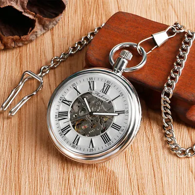 Men's Self Winding Mechanical Silver Tone Pocket Watch Steampunk Pendant Chain • £20.14