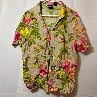 Vintage Blouse Womens Shirt Top Size 14 Green Pink Floral Cotton Work Boho Smart • $11.35