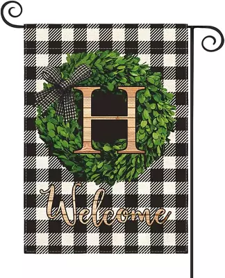 Monogram Letter H Garden Flag 12X18 Inch Double Sided Outside Buffalo Plaid Fam • $4.99