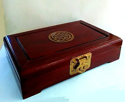 Vintage Chinese MAHOGANY JEWELRY BOX Ornate Brass Padded SILK GREEN INTERIOR  • $85