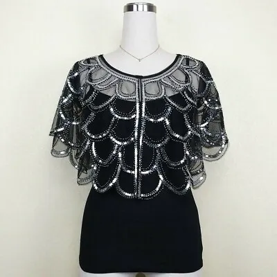 Women Sequin Shrug Bolero Cape Sheer Lace Shawl Evening Prom Dress Cardigan • £27.56