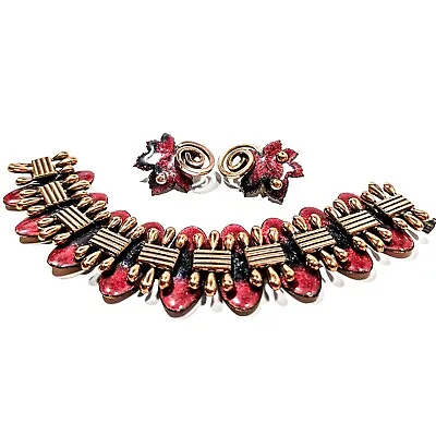 Vintage Red Enamel And Copper  Renoir Matisse Bracelet & Earrings As Is • $49