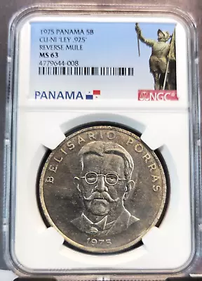 1975 Panama  5 Balboas 5b Cu-ni  Ley .925  Reverse Mule Ngc Ms 63 Scarce Coin • $69.95