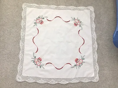 Vintage White Cotton Square Christmas Tablecloth Scalloped Crocheted Border 32  • $14.99