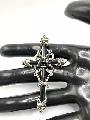 Vintage Ornate Sterling Black Agate & Marcasite Cross Pendant/ Brooch. 8.8 Grams • $12