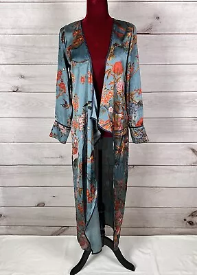 Zara Printed Silk Maxi Kimono Women’s Sz M Teal Floral *read • $42.49