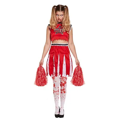 Adult Zombie Cheerleader Costume With PomPoms Halloween Horror Part Fancy Dress • £13.70