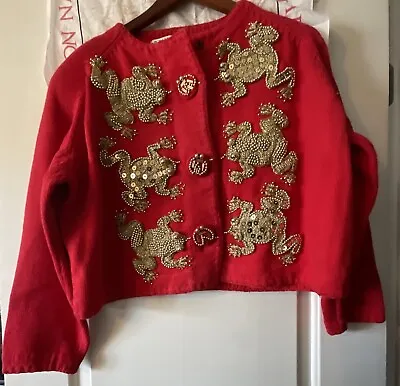 Michael Simon Gold Beaded Frogs Red Bolero Crop Style Sweater Size 2 XL? 50” • $75