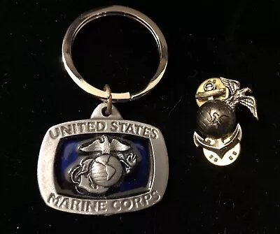 VINTAGE U.S. MARINE CORPS EAGLE GLOBE ANCHOR HAT LAPEL PIN And KEYCHAIN • $22.99