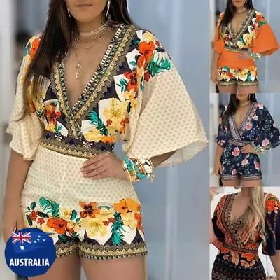 Plus Size Women Boho Floral V-Neck Jumpsuit Playsuit Holiday Beach Romper Shorts • $9.99