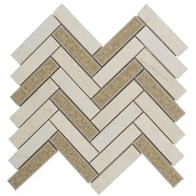 Cream Beige Crema Marfil Stone Glass Mosaic Tile Herringbone Kitchen Backsplash • £3.85