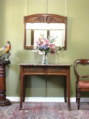 ANTIQUE FRENCH ART NOUVEAU CARVED OAK + MARBLE TABLE ~ MATCHING MIRROR  C1920s • $550