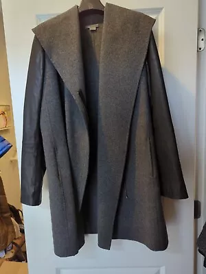 Vince L Large Leather Sleeve And Wool Gray Jacket Long Coat • $50