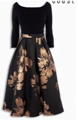 £75 • Buy Stunning Coast Black Bardot Gold Floral Jacquard Fitflare Dress Midi Size 12
