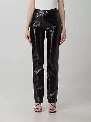 $690 Courreges Paris Women's Black Vinyl Straight-Leg Trousers Pants Size 28 • $221.18