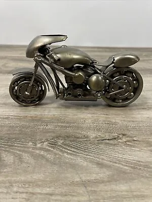 Motorcycle Custom Bike Rider Helmet Scrap Metal Desk Art Sculpture Wheels Move • $17.70