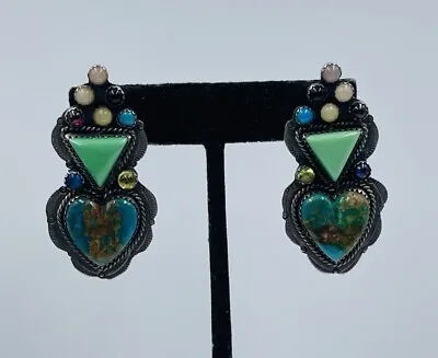 Vintage Navajo Sterling Silver Turquoise Heart & Multi Gem Earrings Signed EGK • $299