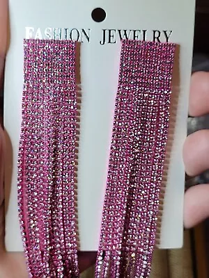 NWT Pink Crystal Statement Earrings 4.25  Long Fuchsia Foil Pink Rhinestones • $19.99