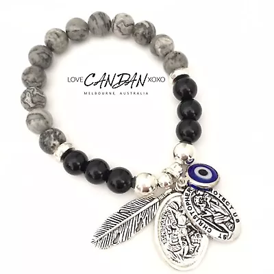Evil Eye Saint Christopher St Michael Angel Feather Charm Bracelet Friend Gift • $25.95