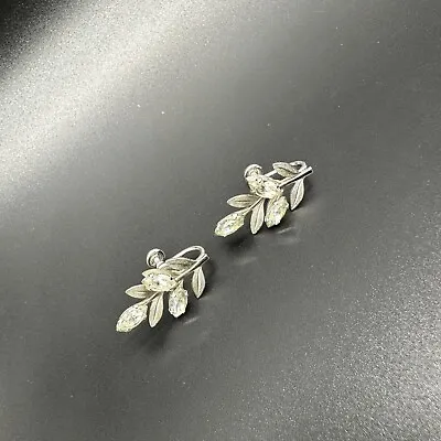 Vintage Earrings Van Dell Sterling Screw Back Leaf Rhinestones Botanical Glam • $24