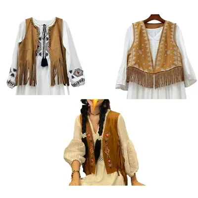 Fringe Vest Women Faux Suedes Cowgirl Costume Open Tassels 70s Hippie Clothes • £14.38