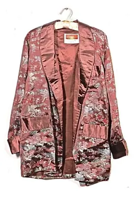 Vintage Chinese Brown Silk Brocade Smoking Jacket Robe Coat Lined Size 42 Medium • $189.99