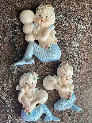 3 Rare Vintage Ceramic Mermaid Wall Plaques Wall Hangings Kitschy MCM W/Bubbles • $150