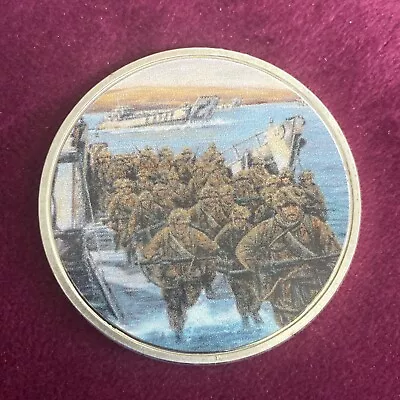 FALKLANDS WAR 45mm SILVER PLATED COLOURED PROOF MEDAL - “D-DAY SAN CARLOS BAY” • £7.50