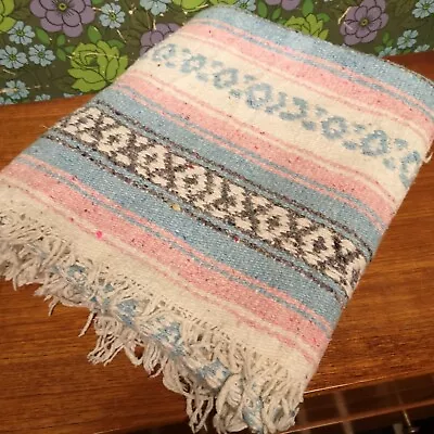 Pastel Blue Pink Mexican Woven Stripy Falsa Yoga Blanket Throw • £14.99