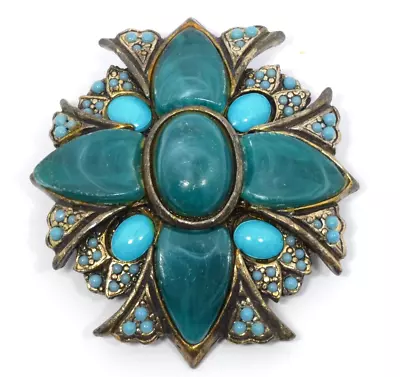 Vintage Maltese Cross Pendant Brooch Turquoise And Teal Color Cabochons • $58.95