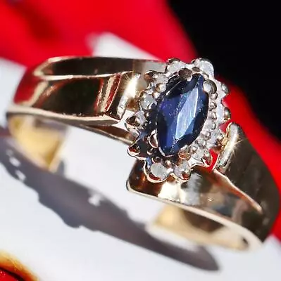 10k Yellow Gold Ring 0.43ct Ceylon Sapphire Diamond Sz 8 Vintage Handmade 2.65gr • $495