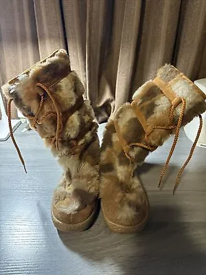 Boho Faux Fur Moccasins Leather Suede Boots Size 8 Winterettes VTG 1960s 1970s • $10