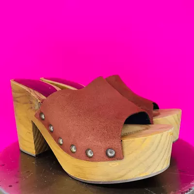 Zara Rust Brown Suede Wood Platform Block Heel Mule Sandal Size 39 8 • $35.97