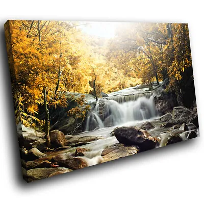 Yellow Forest Waterfall Cool Scenic Canvas Wall Art Large Picture Prints • £59.99