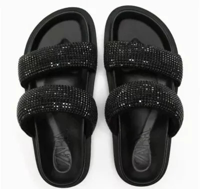 Zara Black Flat Platform Sandals With Rhinestones Size 6 39 • £29.99