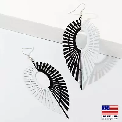 Women Asymmetric Jewelry Earrings White Black Hollow Leaf Feather Stud Hook 0423 • $5.99