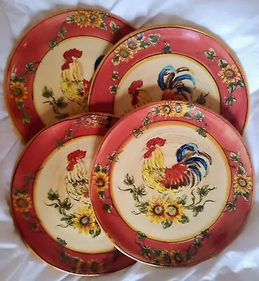 (4) Maxcera Red Rooster 8 1/4  Salad Plates Sunflower Design • $32