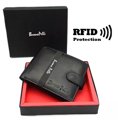 RFID SAFE MENS DESIGNER REAL LEATHER WALLET With LARGE Zip Coin Pocket / Pouch • £8.25