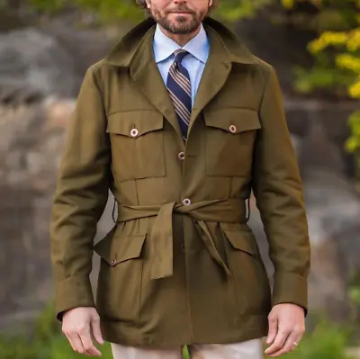 Pockets Safari Jacket Mens Vintage Casual Hunting Windbreaker Slim Italian Coat • £8.80