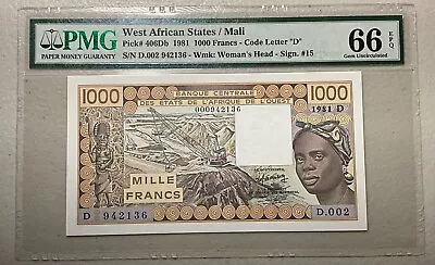 1981 West African States Mali 1000 Francs P406Db PMG 66 EPQ Gem Unc • $75