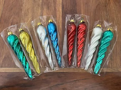 Set Of 8 Vintage Glass Twist Icicle Christmas Ornaments 7” Marshall Fields & Co • $35