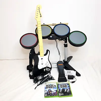 $163.70 • Buy Xbox 360 Rockband Set Bundle Wired USB Drum Kit Mic Guitar RB1 & RB2 TESTED