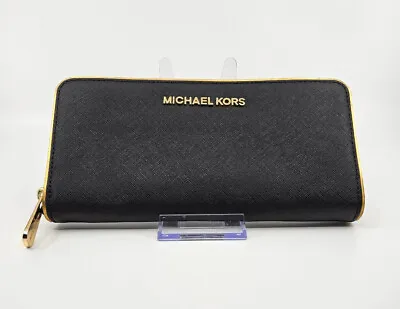 Michael Kors Black Saffiano Leather Jet Set Travel Specchio Zip Around Wallet • $49.50