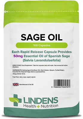 Sage Oil (Essential Oil Of Spanish Sage 50mg) - 100 Capsules - [Lindens 2797] • £6.78