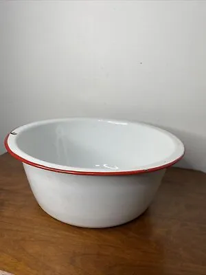 Vintage Farmhouse White Enamelware Red Trim Bowl Enamel Pot Large 14  • $35