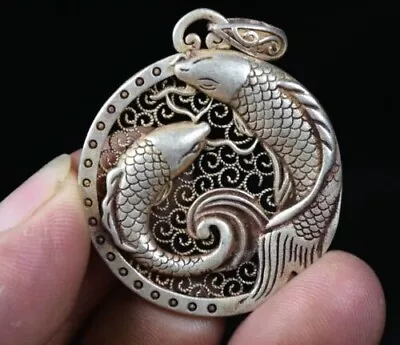 4CM Rare Old China Miao Silver Feng Shui Double Fish Pendant Amulet Necklace • $1.88